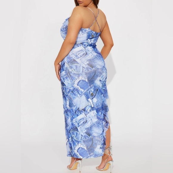 Denim Print Mesh Maxi Dress - Ruffle Detail - Denim Blue - Size 1X - Picture 4 of 4